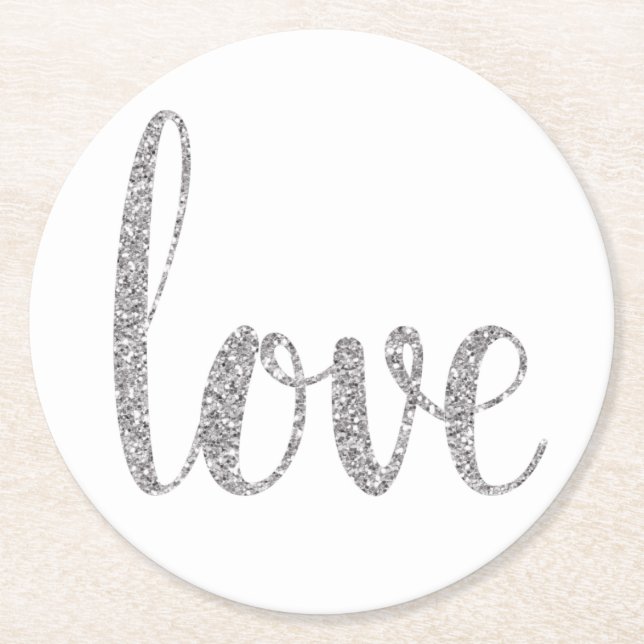 Silver love coasters, glitter, round paper coaster (Front)