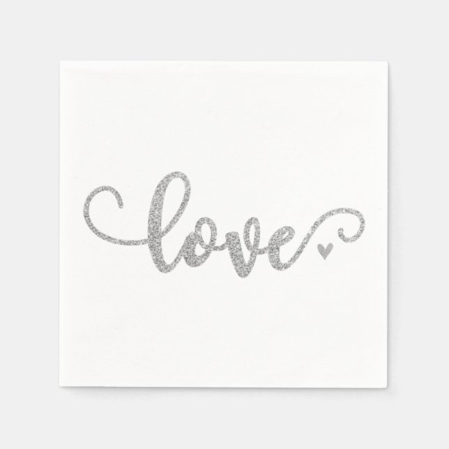 Silver love napkins, silver glitter font napkin (Front)