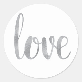 Silver love stickers, foil font classic round sticker
