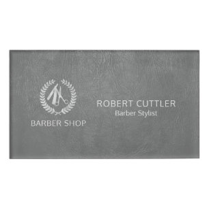 Silver luxury barber shop dark grey leather look name tag