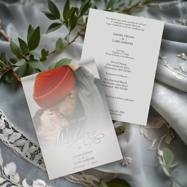 Silver Luxury Modern Transparency Wedding Photo (Silver Luxury Modern Transparency Wedding Custom Photo Script Real Metallic Foil Save the Date Cards)