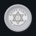 Silver Magen David Star Happy Purim Party Paper Plate<br><div class="desc">Set a festive party table with these custom Happy Purim paper plates in silvery grey and white with a faux glitter silver Magen Daveid star and your custom text. The soft silvery grey is the background for a white centre, coordinating darker grey text that can be personalised with your name...</div>