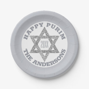 Silver Magen David Star Happy Purim Party Paper Plate