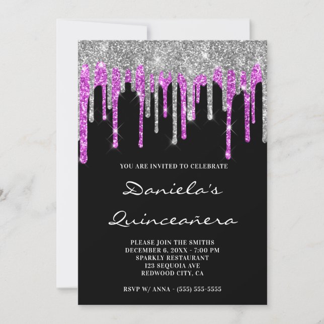 Silver Magenta Glitter Drips Black Quinceañera Invitation (Front)