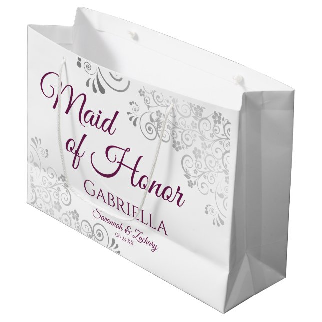 Silver & Magenta on White Maid of Honour Wedding Large Gift Bag (Front Angled)