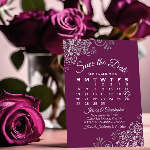 Silver & Magenta Plum Elegant Wedding Calendar Save The Date