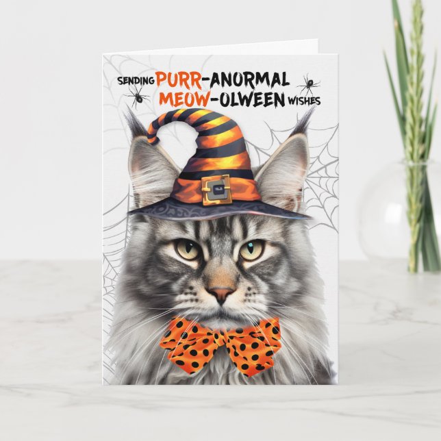 Silver Maine Coon Cat PURRanormal MEOWolween Holiday Card (Front)