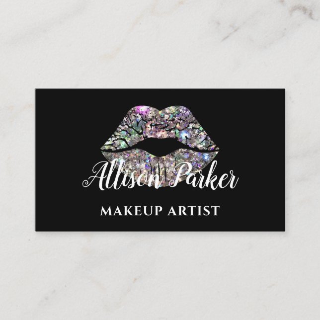 Silver MAKEUP ARTIST Logo Kiss Name Business Card (Front)