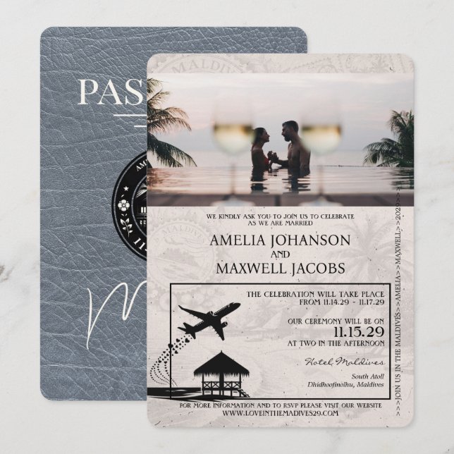 Silver Maldives Passport Wedding Invitation (Front/Back)