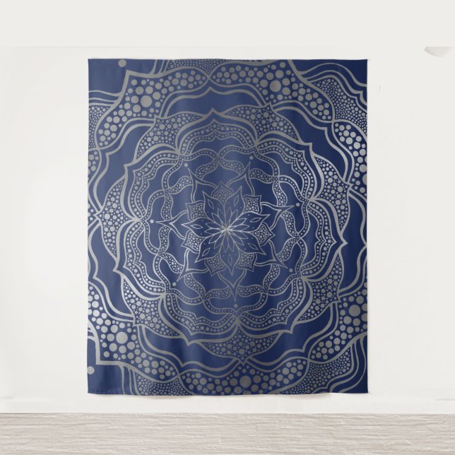 Silver Mandala Boho Chic Elegant Navy Blue Elegant Tapestry (Front)