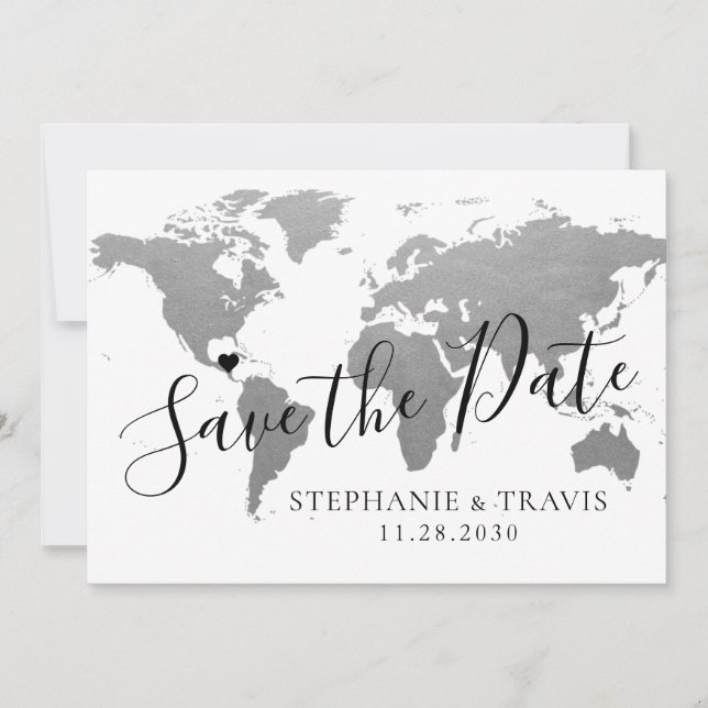 Silver Map Destination Wedding Save the Date Card (Front)