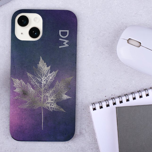 Silver Maple Leaf on Pink Purple Monogram   Case-Mate iPhone Case (Creator Uploaded)