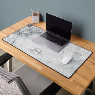 Silver Marble and Glitter Pattern Monogrammed Desk Mat