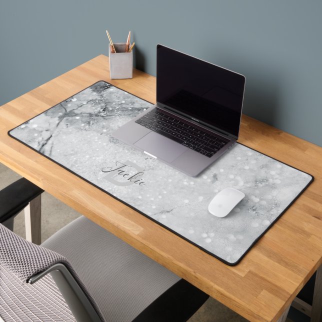 Silver Marble and Glitter Pattern Monogrammed Desk Mat (Office 2)