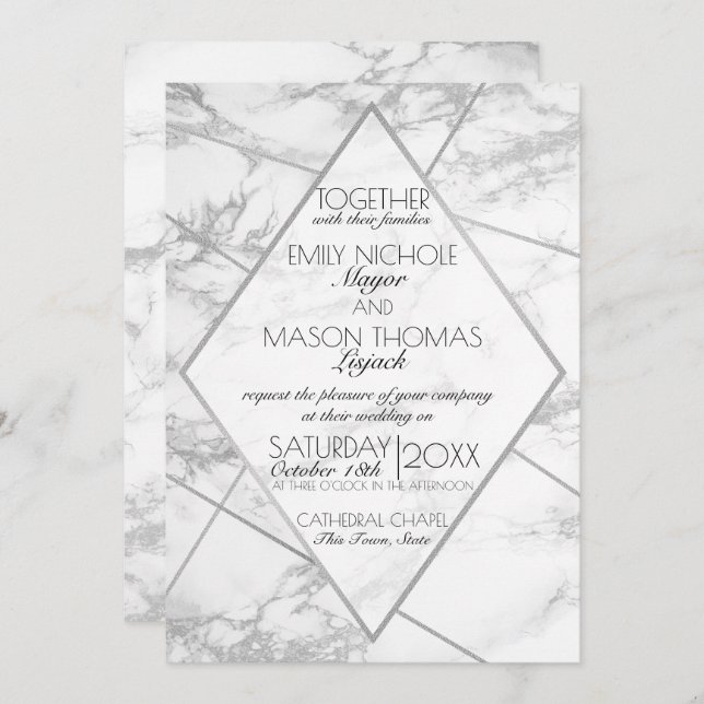 Silver Marble Art Deco Geometric Slate Wedding Invitation (Front/Back)
