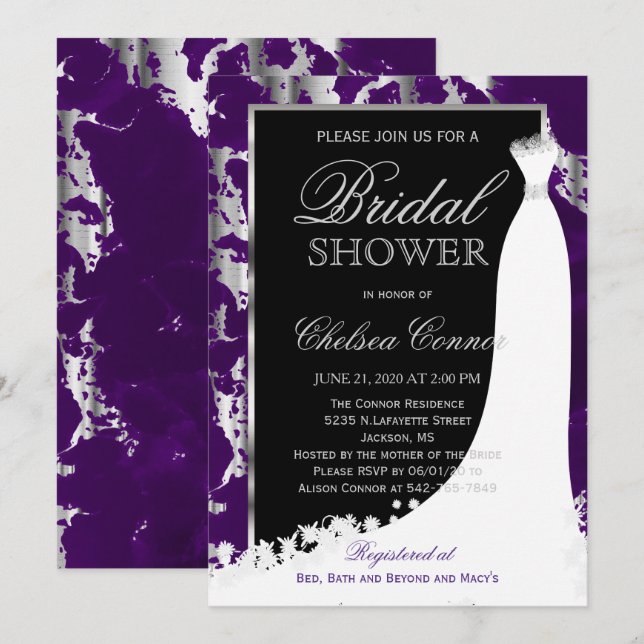 Silver Marble, Black and Purple Bridal Invitation (Front/Back)