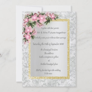 Silver marble floral wedding with pink floral gold invitation