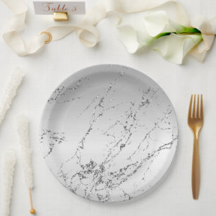 Silver Marble Glam Glitter  Paper Plate
