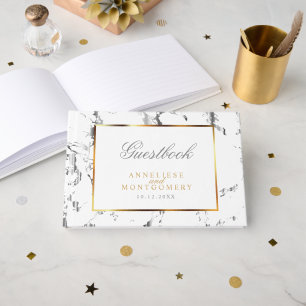 Silver Marble, Gold and White Design Guest Book