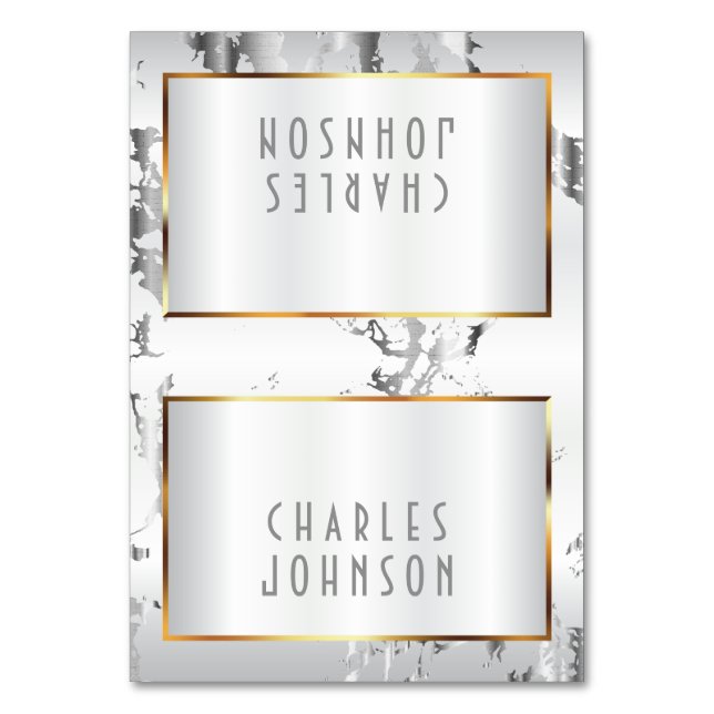 Silver Marble,Gold & White Satin -Place Cards (Front)