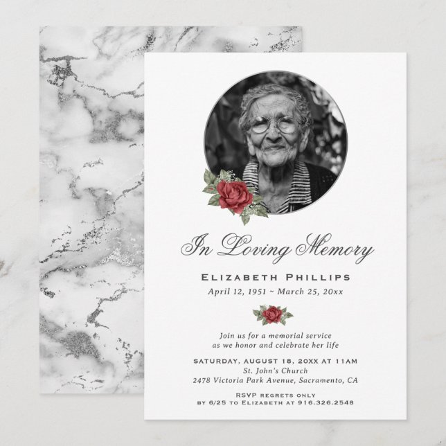 Silver Marble Red Floral Photo Memorial Service Invitation (Front/Back)