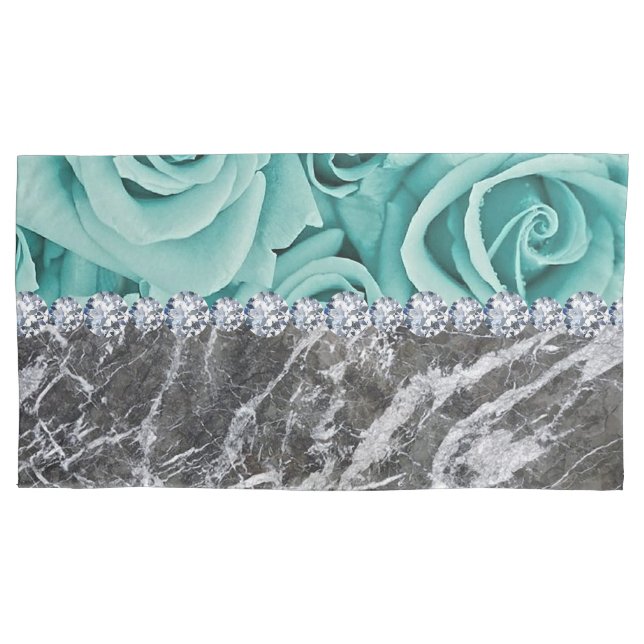 Silver Marble Roses Light Blue King Size Pillowcase (Front)