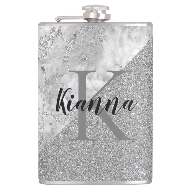Silver Marble Silver Glitter Elegant Monogram      Hip Flask (Front)