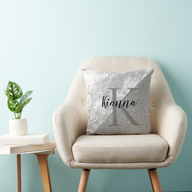 Silver Marble Silver Glitter Monogram Cushion (Chair)