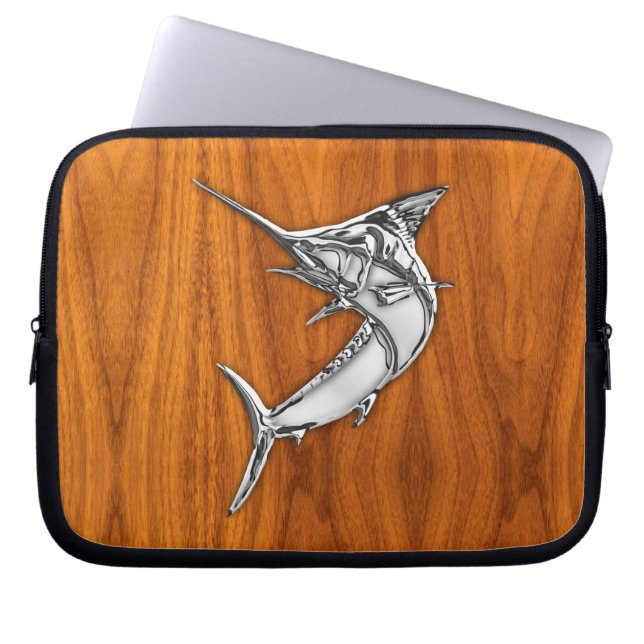 Silver Marlin on Teak Wood Decor Laptop Sleeve (Front)