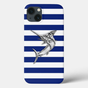 Silver Marlin Swordfish on Navy Stripes iPhone 13 Case