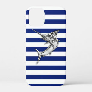 Silver Marlin Swordfish on Navy Stripes iPhone 12 Mini Case