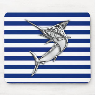 Silver Marlin Swordfish on Navy Stripes Mouse Mat