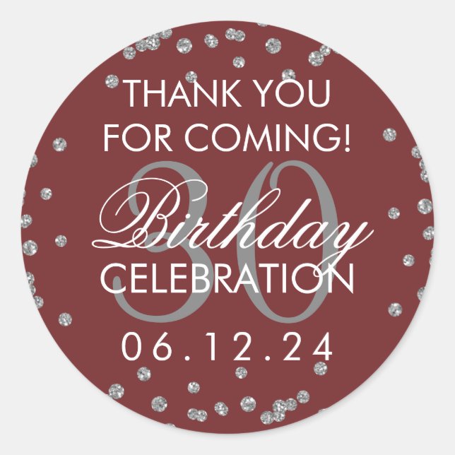 Silver Marsala Thank You 30th Birthday Confetti Classic Round Sticker (Front)