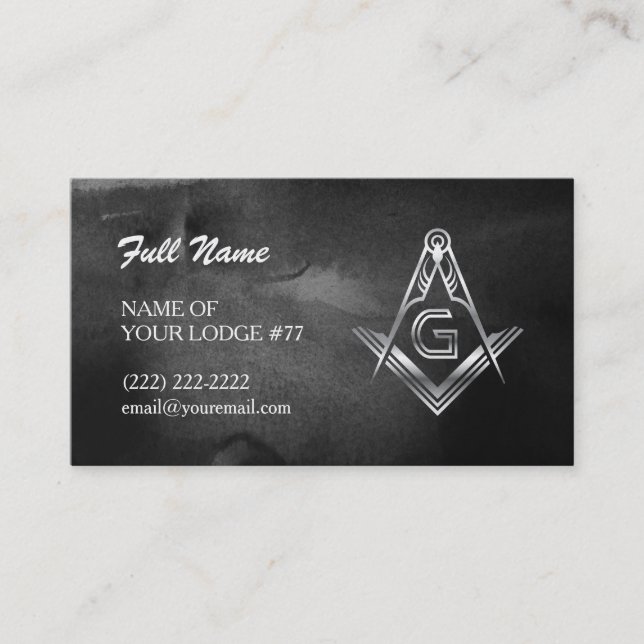 Silver Masonic Business Cards | Black Watercolor (Front)
