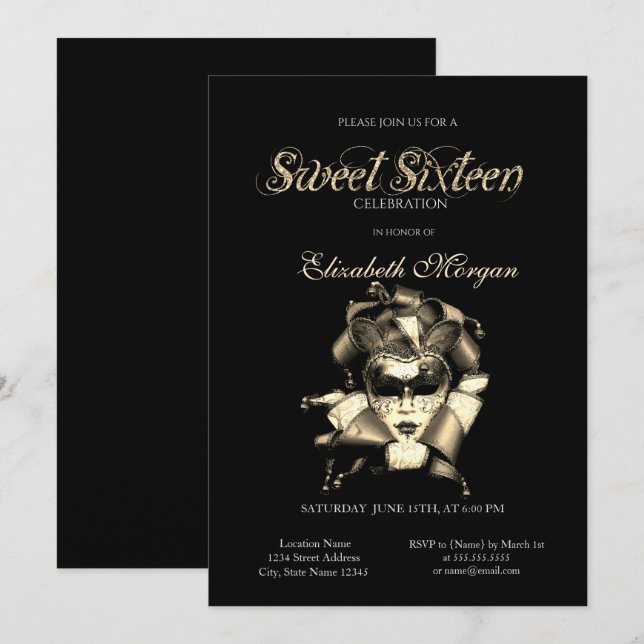  Silver Masque Black Sweet 16 Invitation (Front/Back)