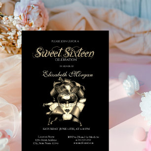 Silver Masque Black Sweet 16 Invitation