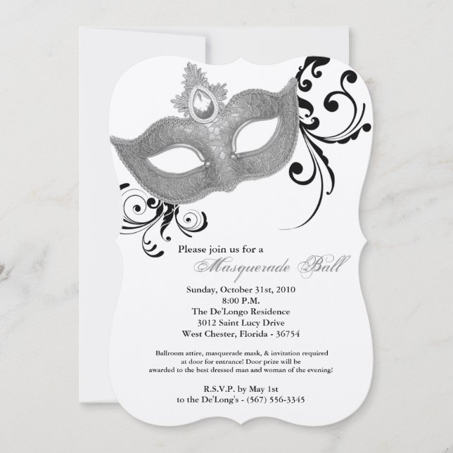 Silver Masquerade Ball Mask Costume Halloween Invitation (Front)