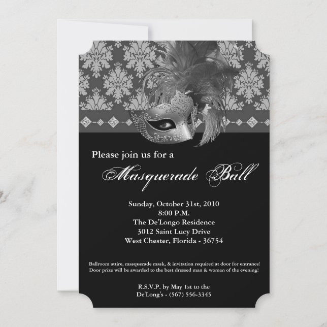 Silver Masquerade Ball Mask Costume Halloween Part Invitation (Front)