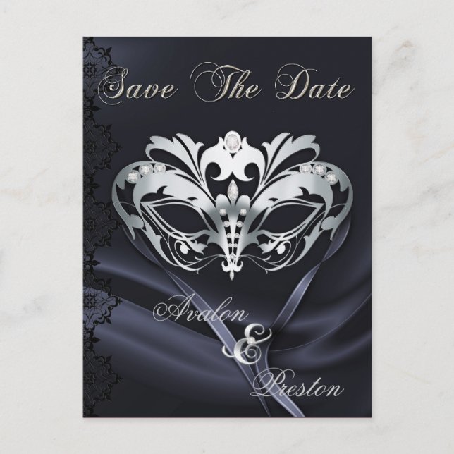 Silver Masquerade Black Jewel Save The Date Announcement Postcard (Front)
