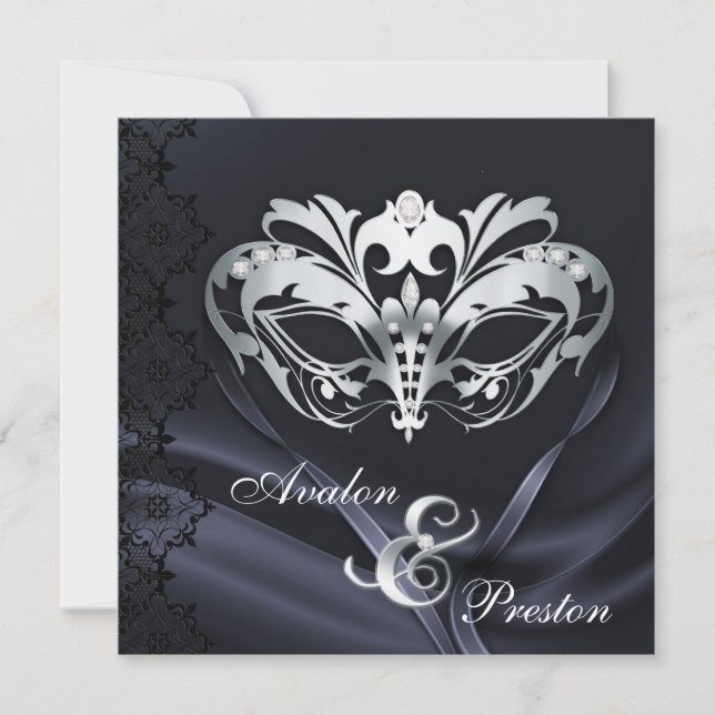 Silver Masquerade Black Jewelled Wedding Invitatio Invitation (Front)