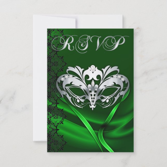 Silver Masquerade Green Jewelled RSVP Invitation (Front)
