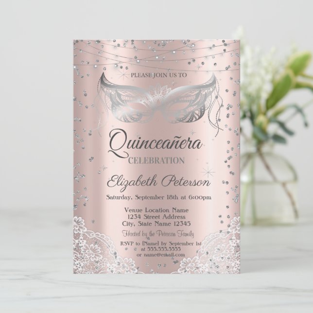 Silver Masquerade, Lace Rose Gold Quinceañera    Invitation (Standing Front)