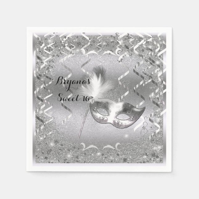 Silver Masquerade Mask Elegant Ball Birthday Party Napkin (Front)