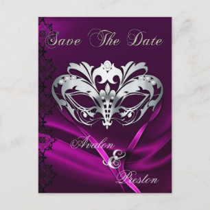 Silver Masquerade Pink Jewel Save The Date Announcement Postcard