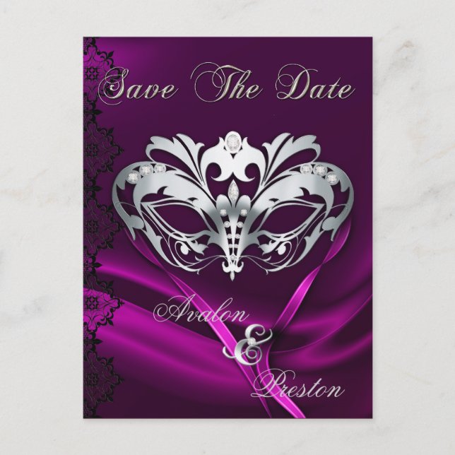 Silver Masquerade Pink Jewel Save The Date Announcement Postcard (Front)