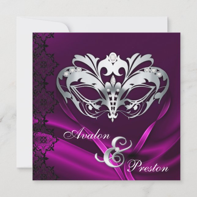 Silver Masquerade Pink Jewelled Wedding Invitation (Front)