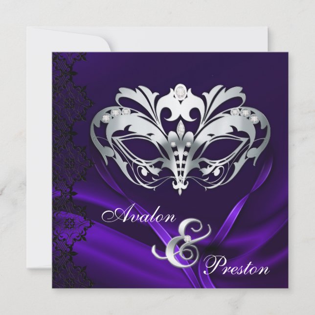 Silver Masquerade Purple Jewelled Wedding Invitation (Front)