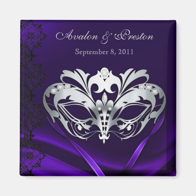 Silver Masquerade Purple Save The Date Magnet (Front)