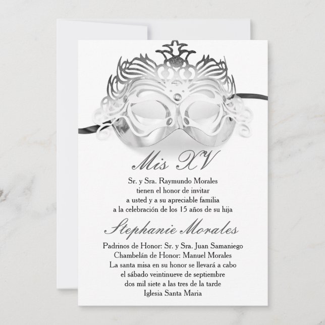 Silver Masquerade Quinceanera Birthday Invitation (Front)