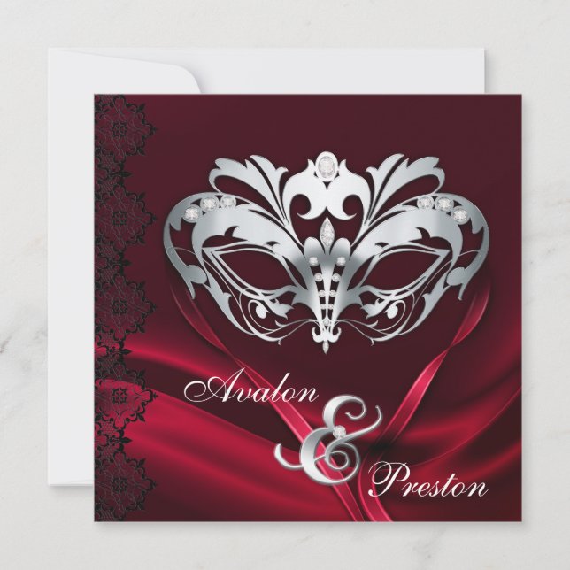 Silver Masquerade Red Jewelled Wedding Invitation (Front)
